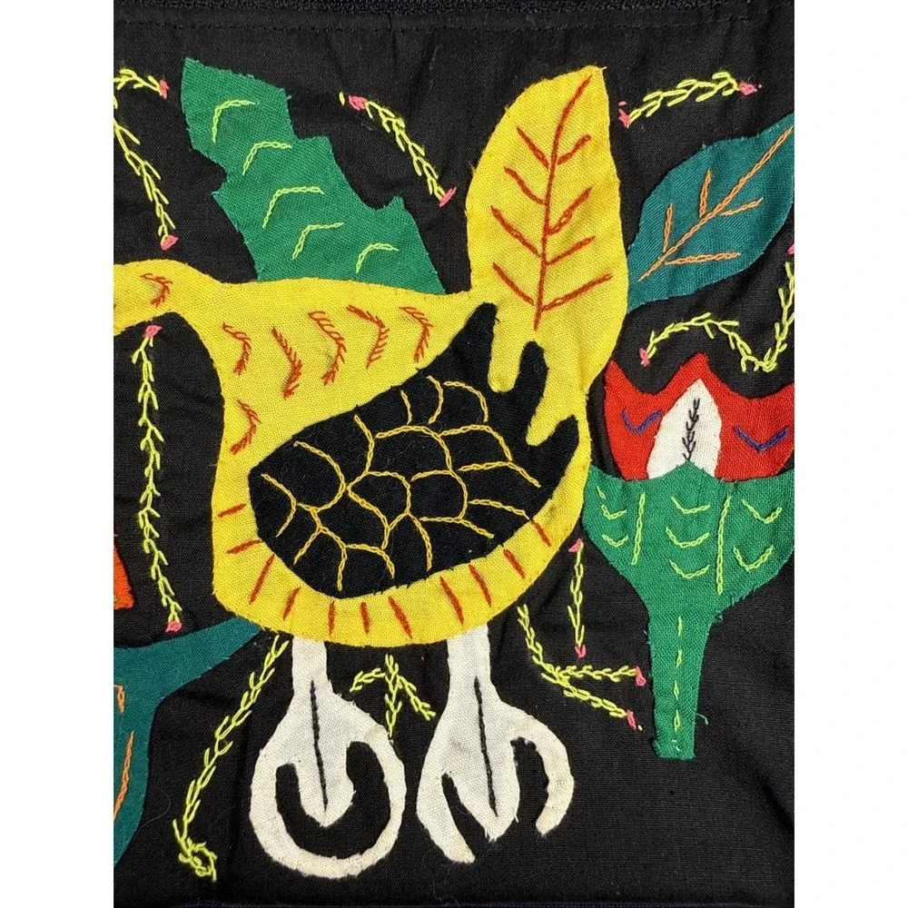 Vintage 1990s Cloth Purse Hand Appliqued Bird Double Pockets Zippered Boho 6.5